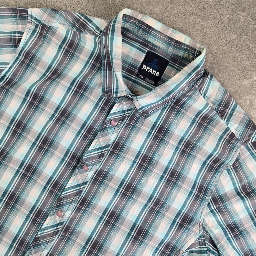 Prana Shirt Mens Large Gray Green Plaid Pearl Snap Short Sleeve Casual Outdoor